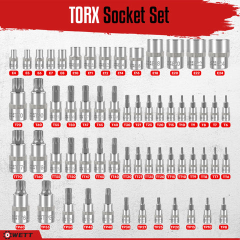 WETT external torx sockets E4 to E24 laid out for fast bolt removal