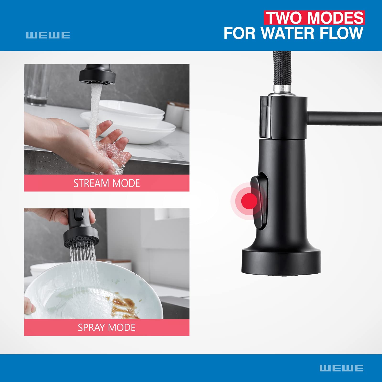 WEWE 360-degree swivel spout for full sink access.
