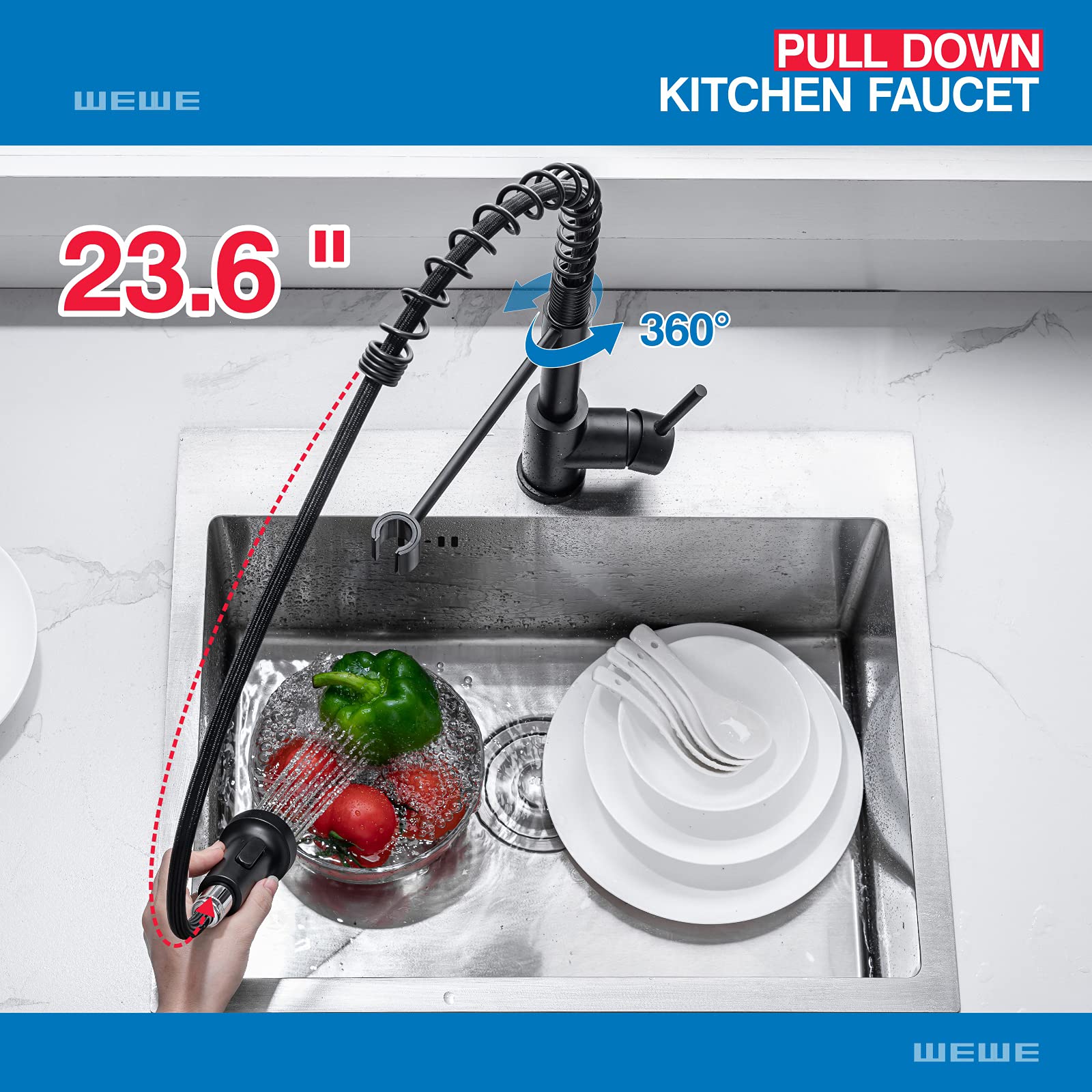 WEWE black stainless steel faucet close-up showing durable finish.