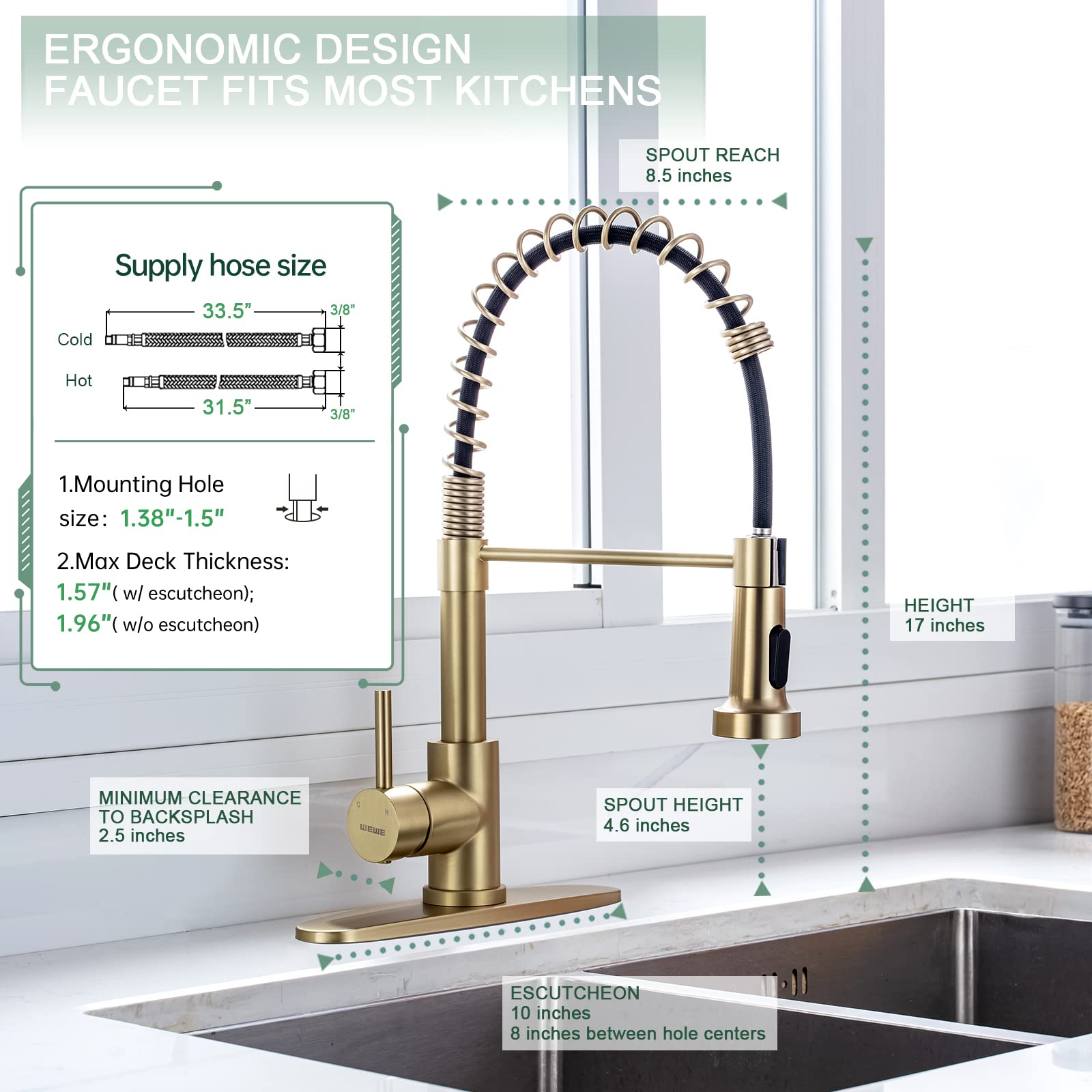 WEWE brushed gold faucet with deck plate included, ideal for clean 1- or 3-hole installs.
