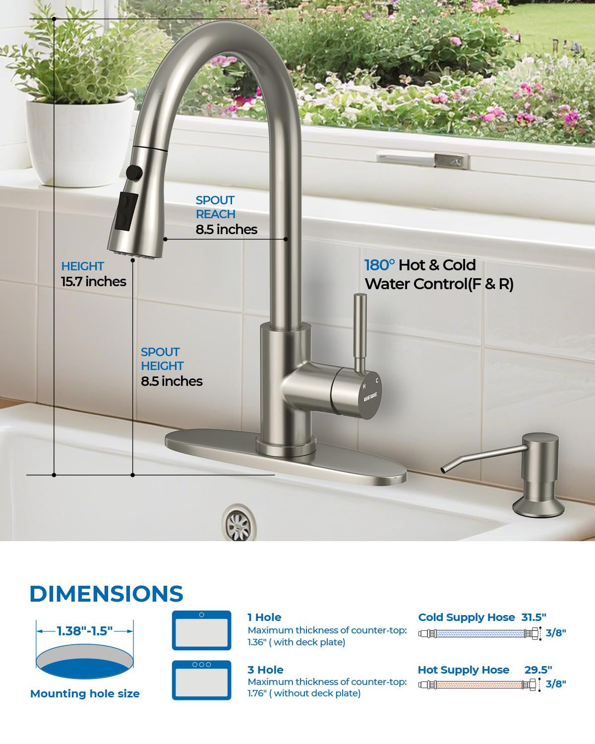 WEWE faucet with three modes and pause button for precise multitasking in the kitchen.