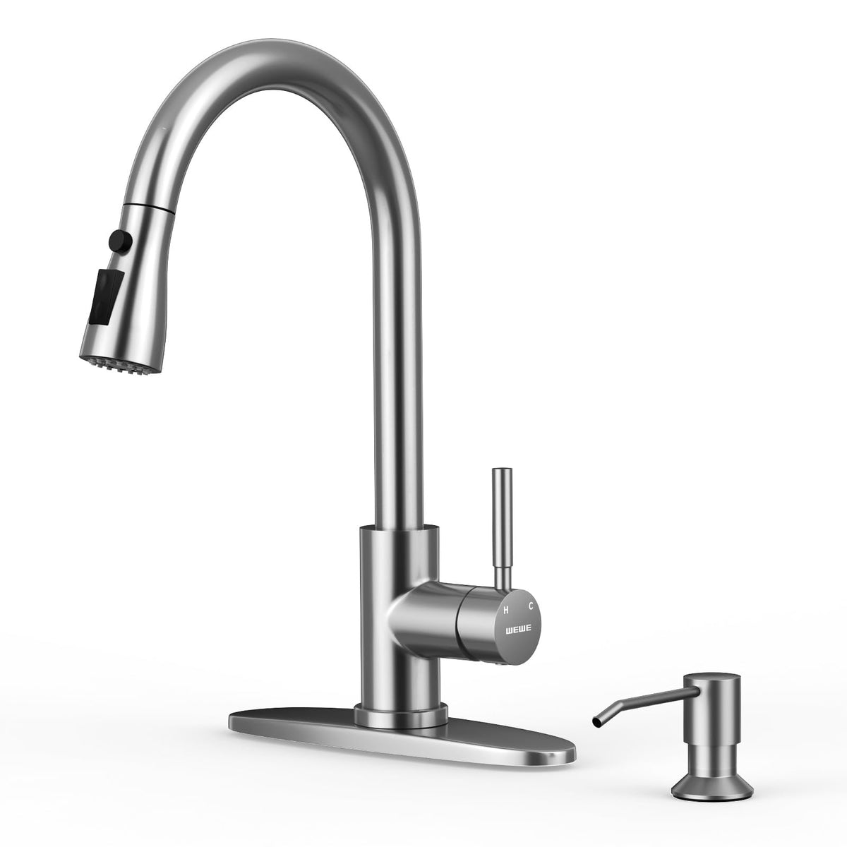 WEWE kitchen faucet with soap dispenser and pull-down spray for a seamless sink upgrade.