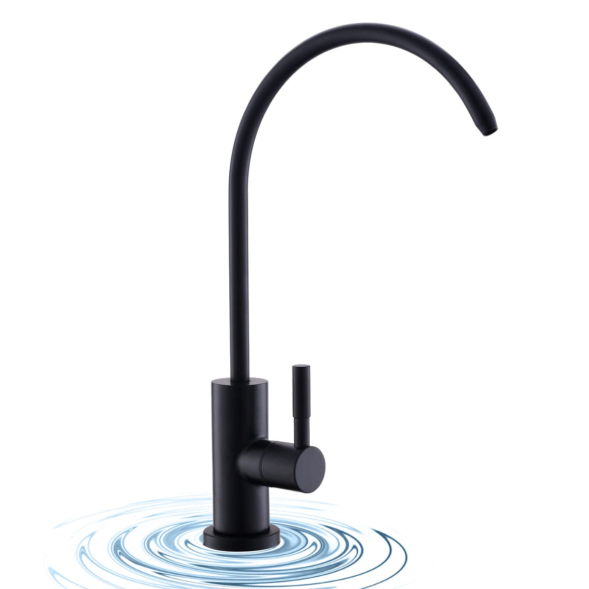 WEWE matte black drinking water faucet front view showing sleek design for versatile kitchen compatibility.