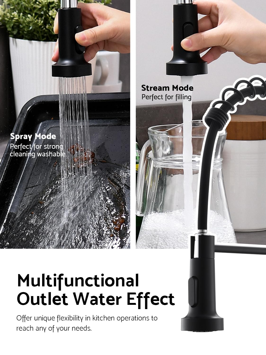 WEWE matte black faucet 360-degree pull-down spray reach for all corners