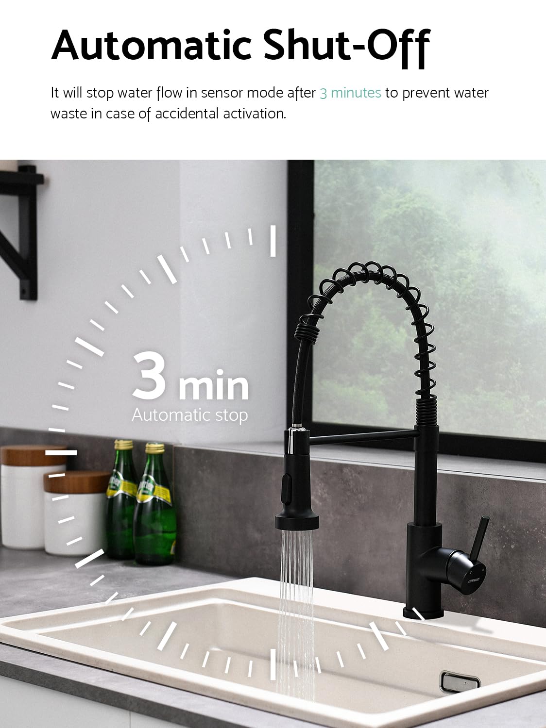 WEWE matte black faucet crossbar design maximizing counter space