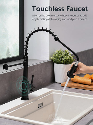 WEWE matte black faucet showing dual spout mode for spray and stream