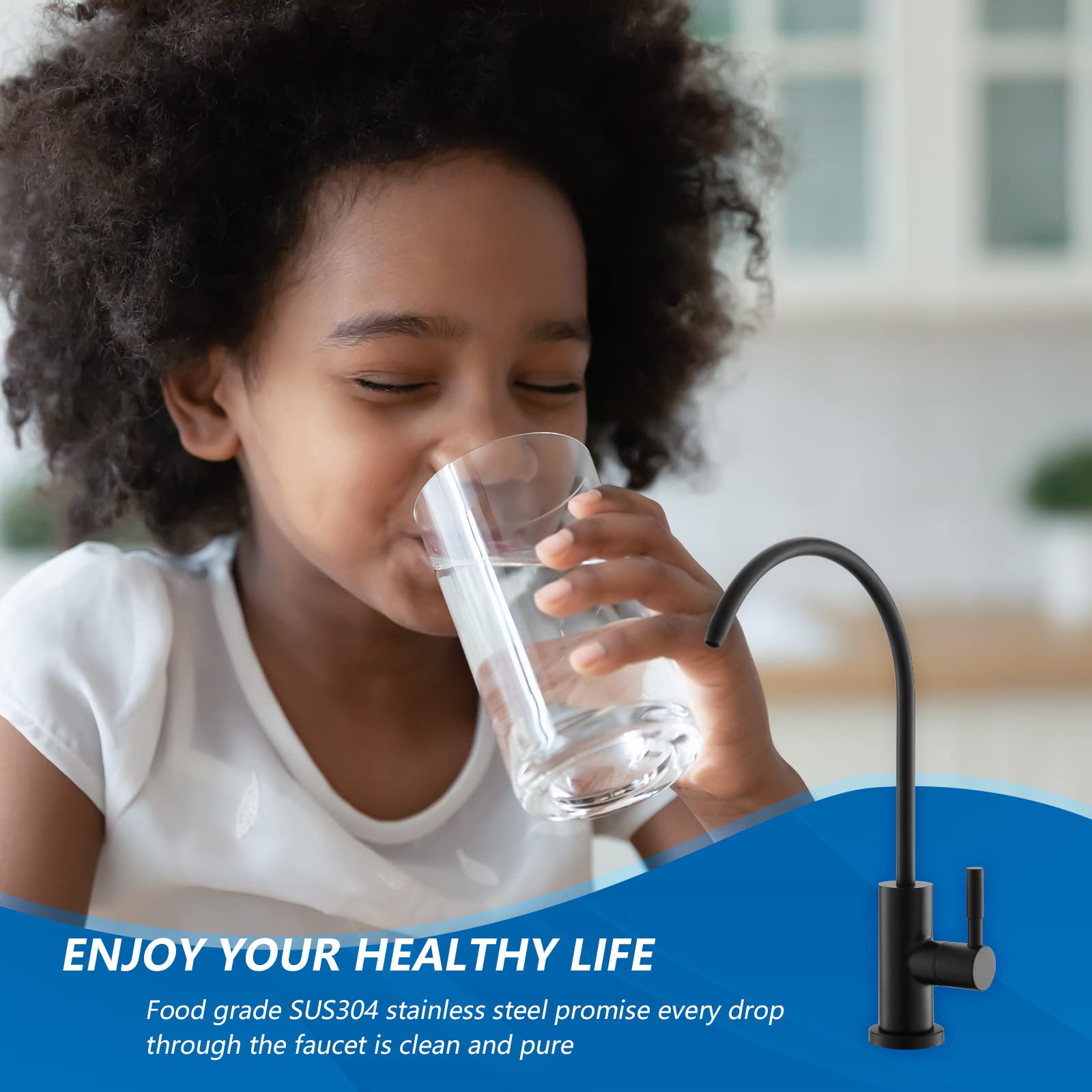 WEWE matte black gooseneck rotation image highlights full-range reach for convenient filling.