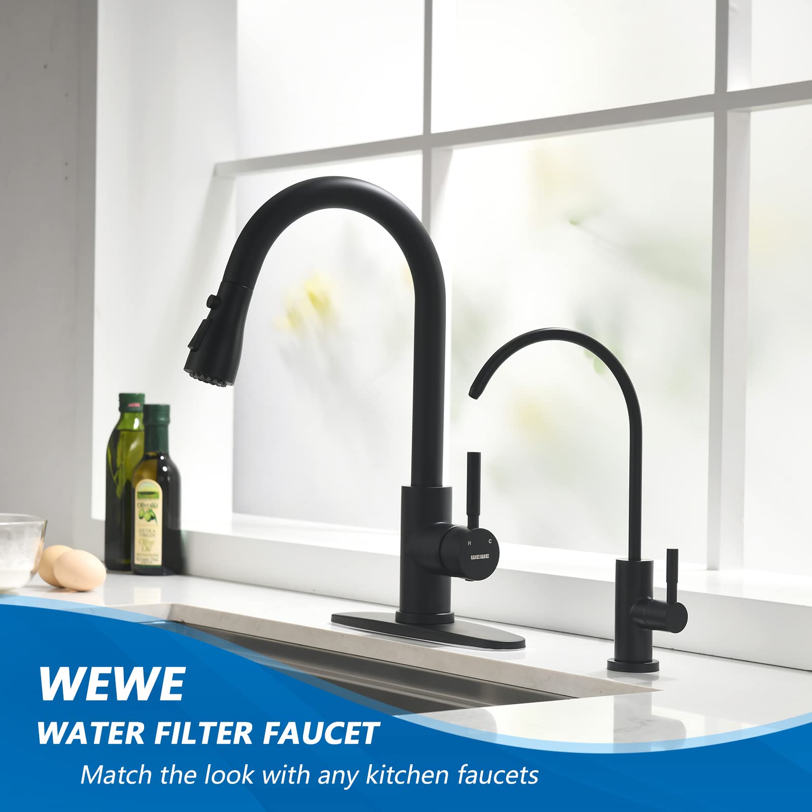 WEWE matte black RO faucet under-sink installation view emphasizing easy setup.