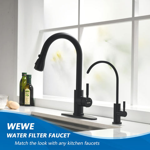 WEWE matte black RO faucet under-sink installation view emphasizing easy setup.