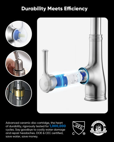 WEWE vintage faucet features 3-mode sprayer for various tasks.