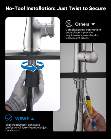WEWE vintage faucet has 360-degree swivel for sink corner access.