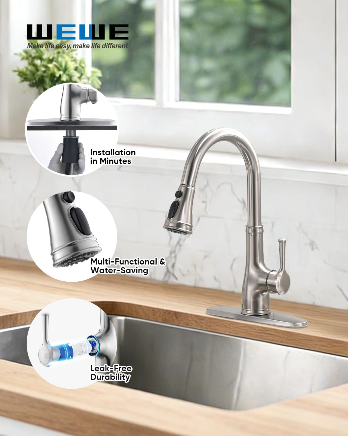 WEWE vintage faucet in brushed nickel finish resists fingerprints and water spots.