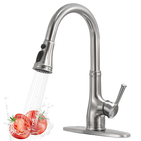 WEWE vintage kitchen faucet with pull-down sprayer for easy cleaning and pot filling.
