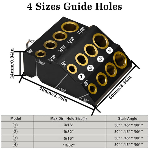 Wewod Drill Guide Jig angle presets at 30, 45, 90 degrees for precise holes.