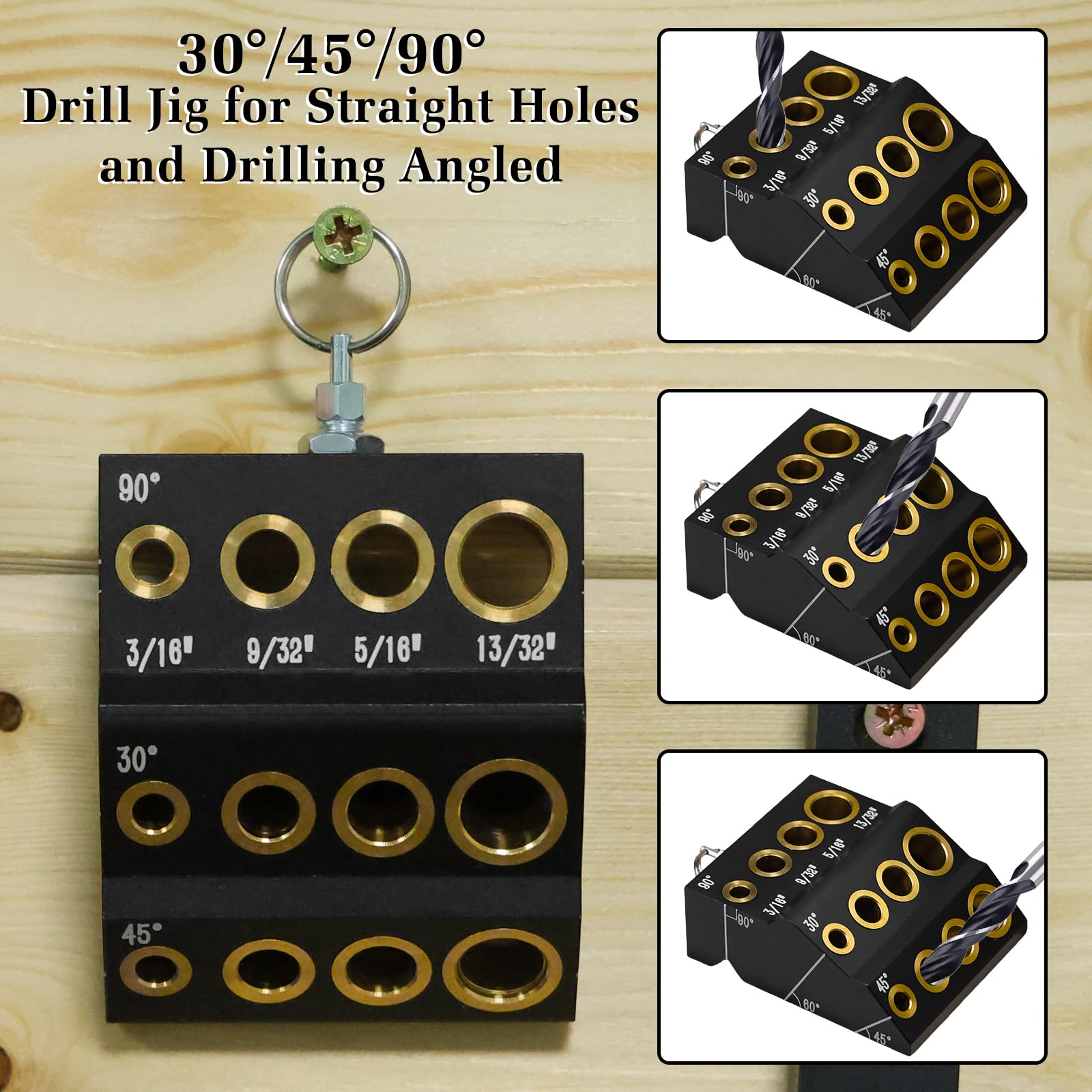 Wewod Drill Guide Jig shows four pilot hole sizes for sleeves and screws.