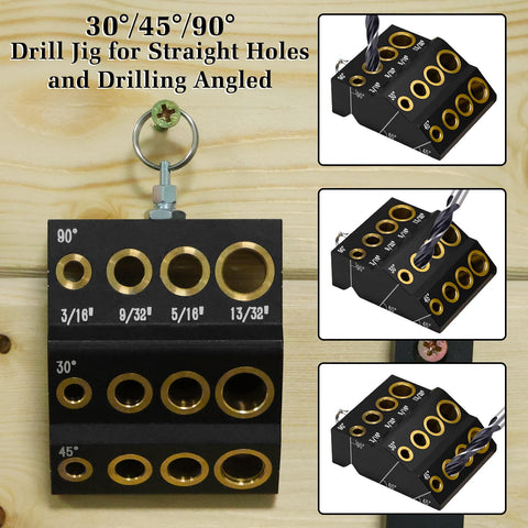 Wewod Drill Guide Jig shows four pilot hole sizes for sleeves and screws.