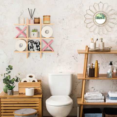 Weysat pink accent toilet paper holder brightens and organizes.
