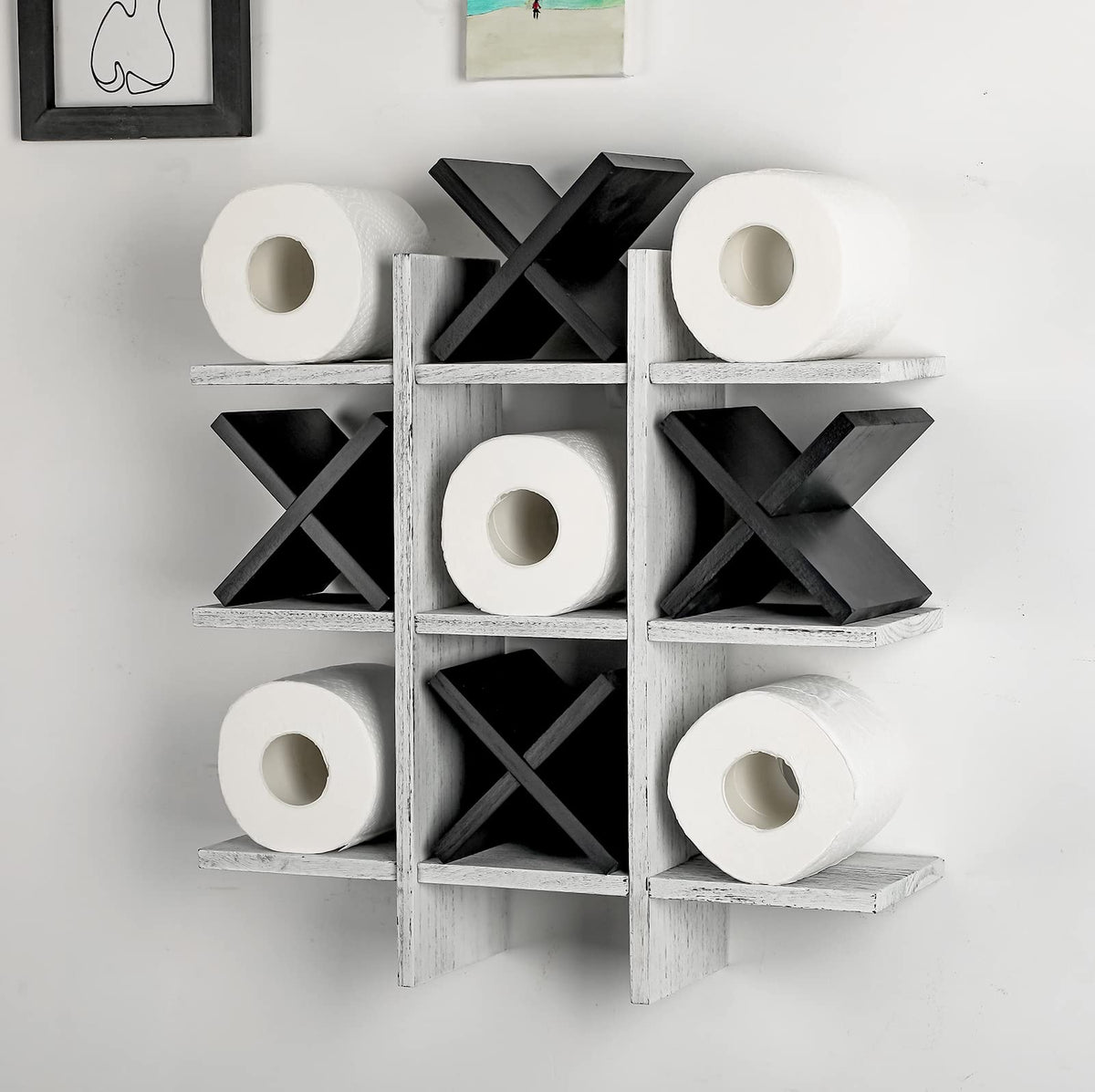 Weysat Tic Tac Toe toilet paper holder front view in rustic wood, space-saving design