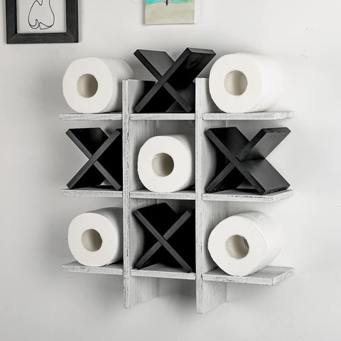 Weysat Tic Tac Toe toilet paper holder front view in rustic wood, space-saving design