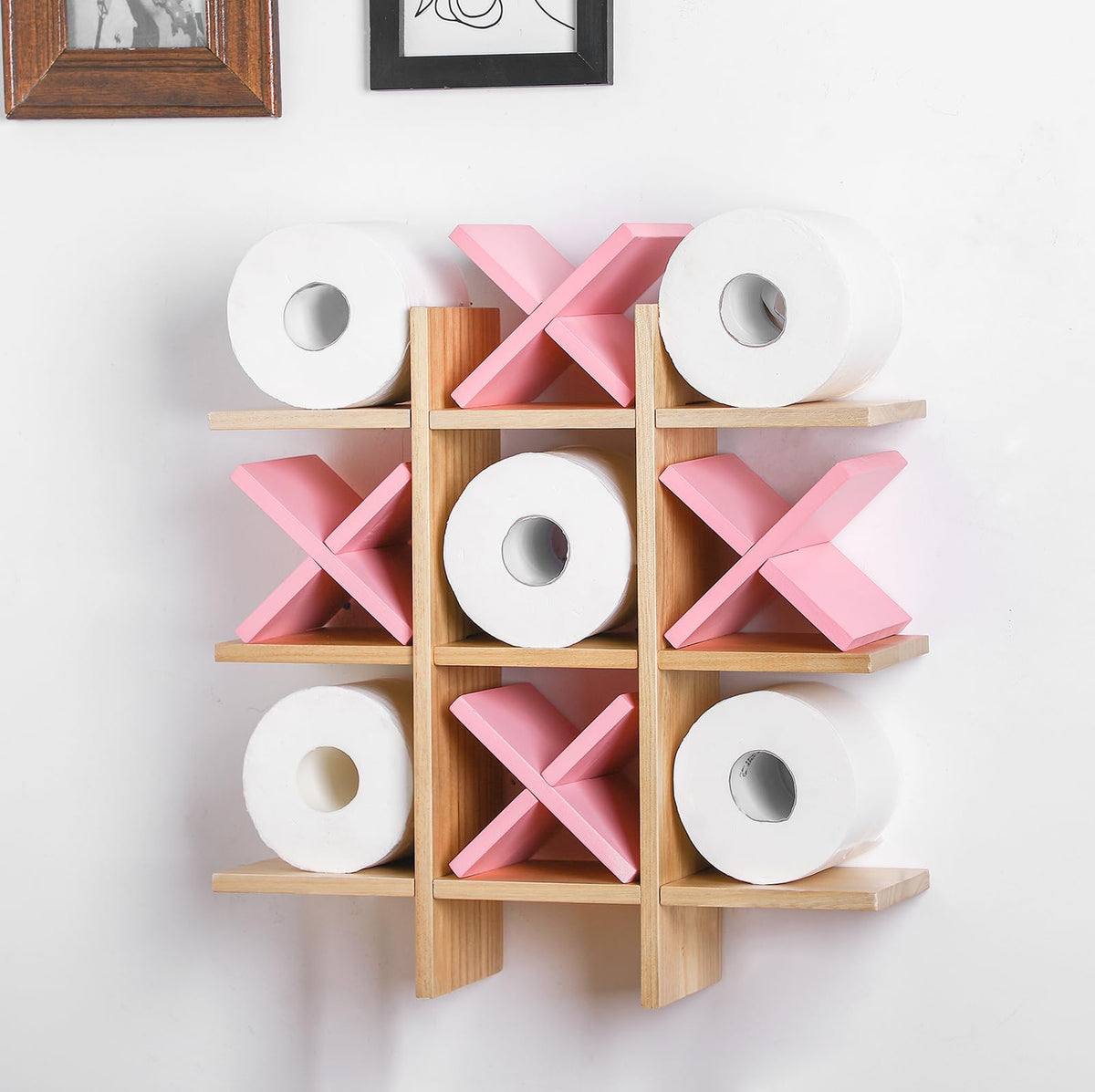 Weysat Tic Tac Toe toilet paper holder in wood adds playful storage.