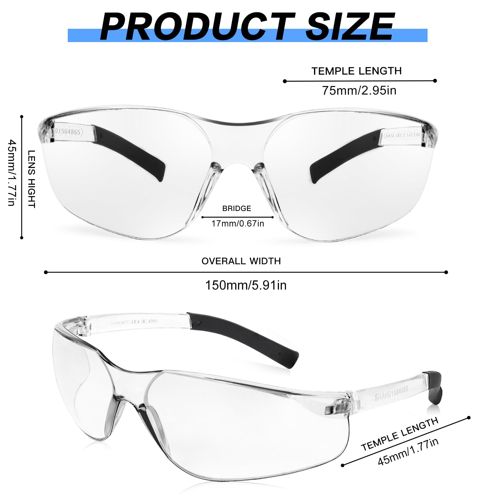 WFEANG clear safety glasses side view highlighting ergonomic fit and wraparound protection