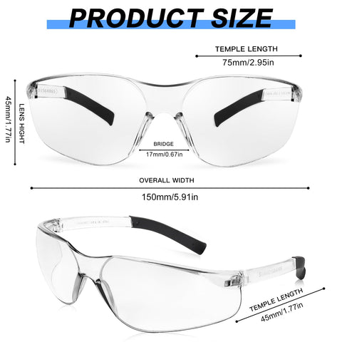 WFEANG clear safety glasses side view highlighting ergonomic fit and wraparound protection