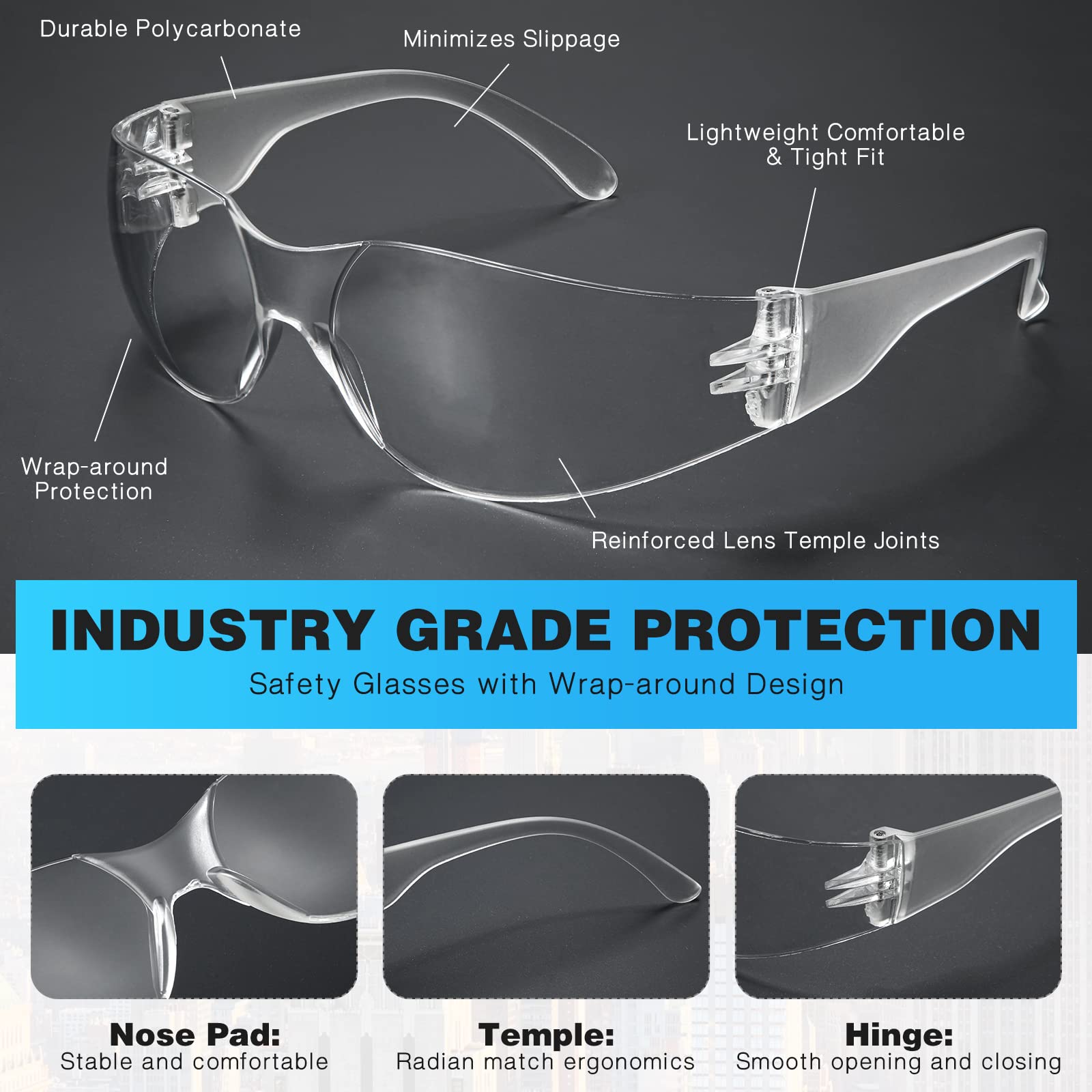 WFEANG eye protection uses PC material to guard against debris.