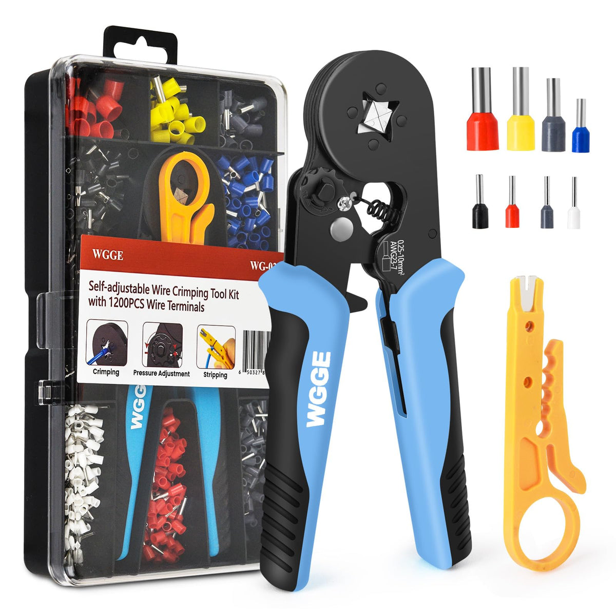 WGGE ferrule crimping tool kit overview showing the complete professional wiring set