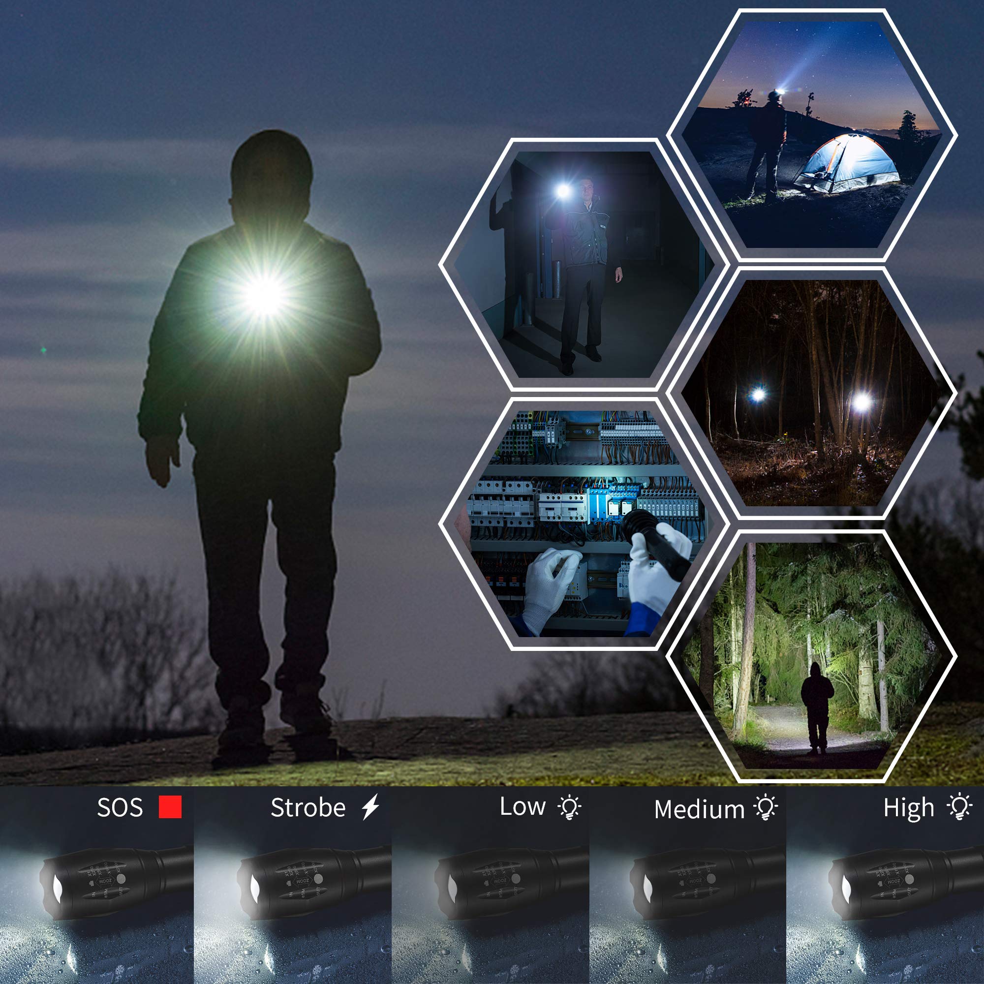 Whaply LED Flashlight aluminum body shows durable construction for daily use.