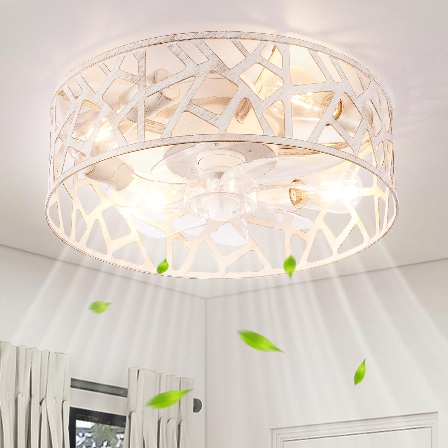 Wheatronic flush mount fandelier with cage for a compact, stylish room.