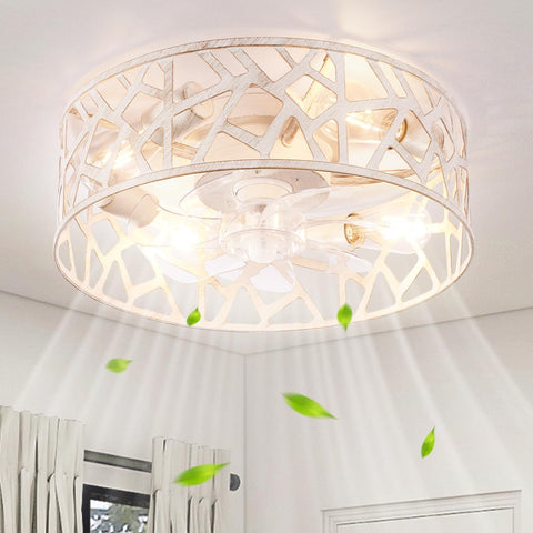 Wheatronic flush mount fandelier with cage for a compact, stylish room.