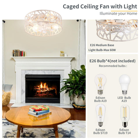 Wheatronic vintage white caged ceiling fan adds farmhouse charm.