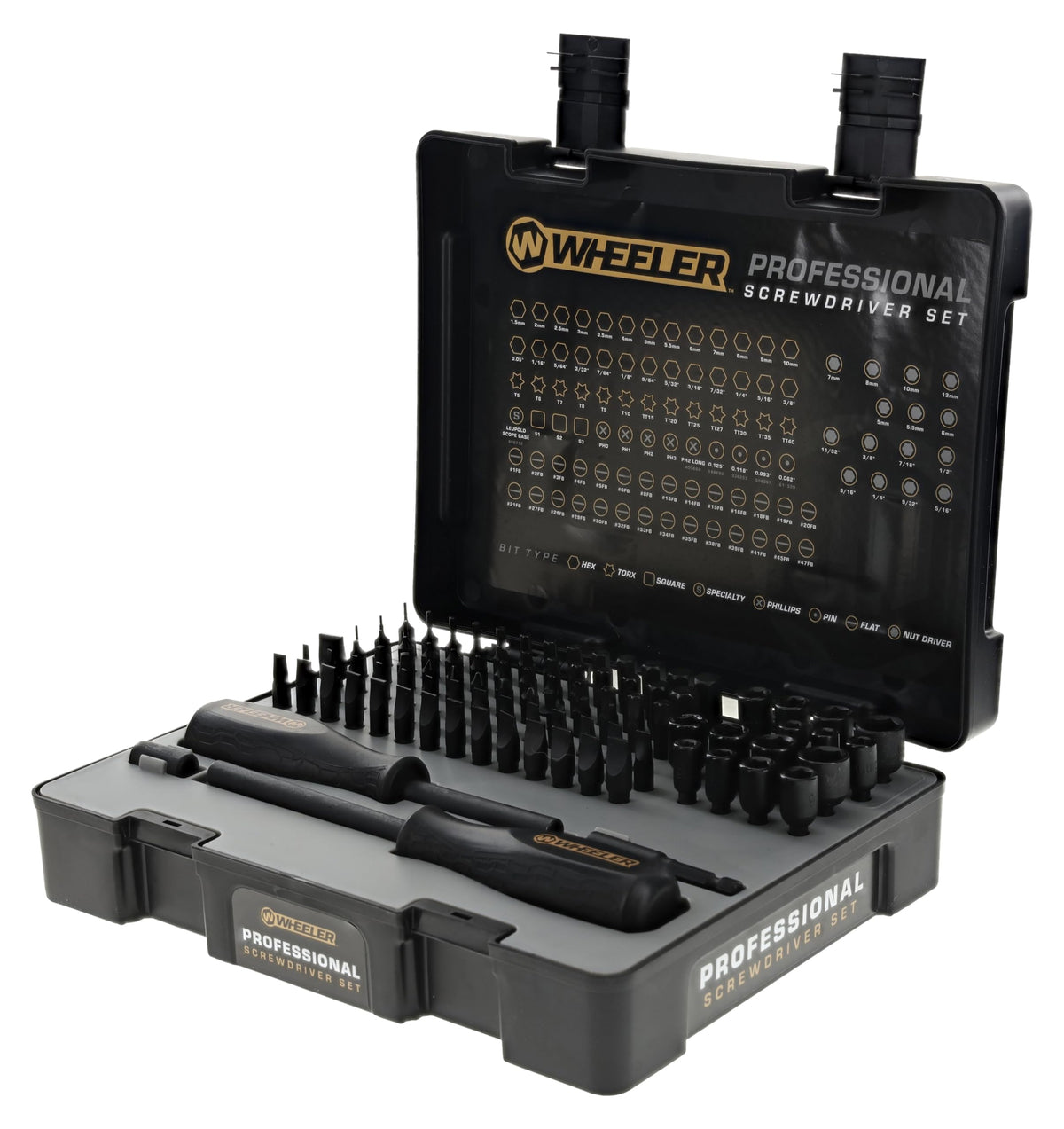 Wheeler 100-piece gunsmithing screwdriver set shown with case and organized bits