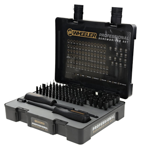 Wheeler 100-piece gunsmithing screwdriver set shown with case and organized bits