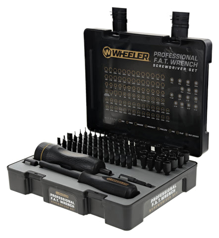 Wheeler 100-piece FAT Wrench set case on bench for organized gunsmithing.