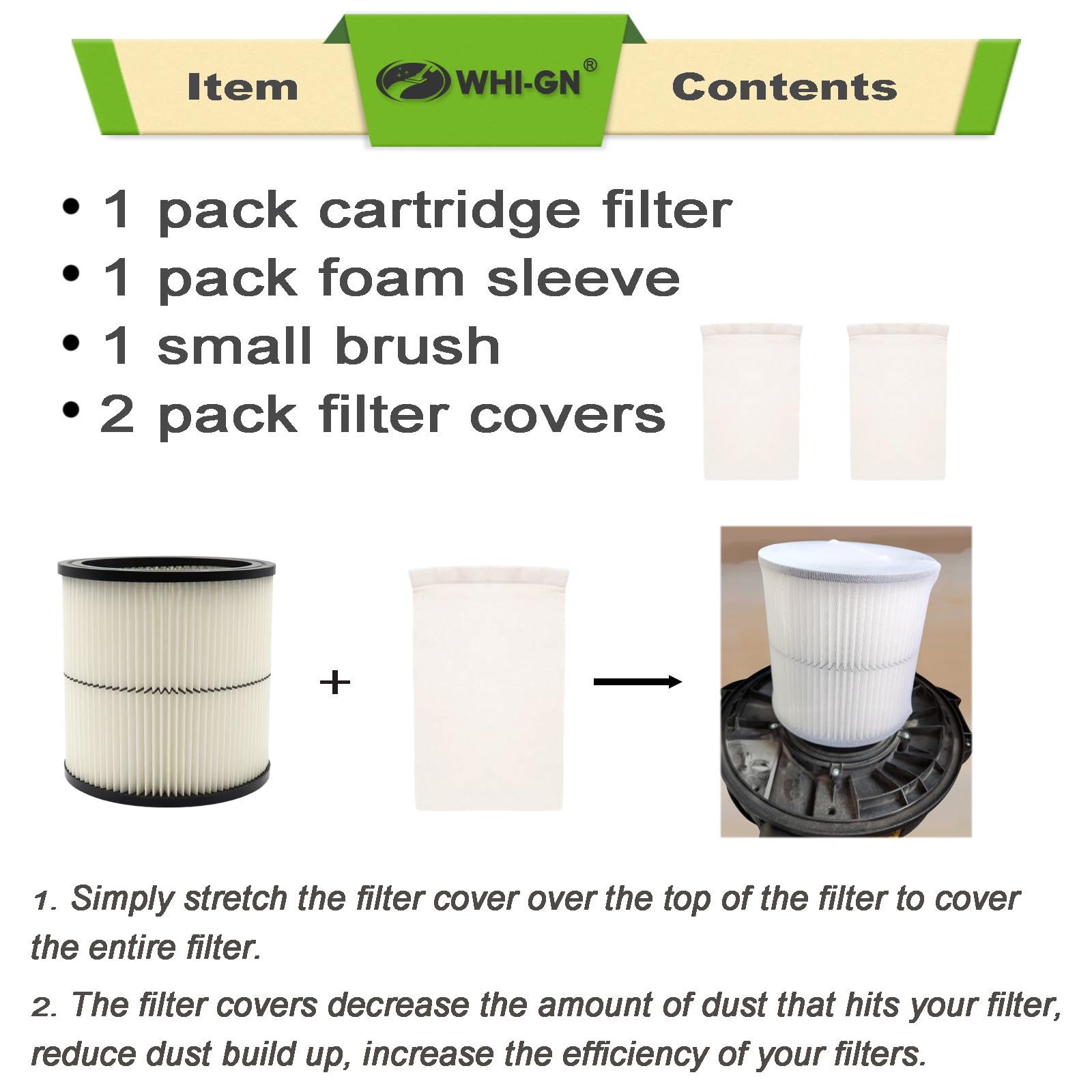 WHI-GN foam sleeve filter enhances damp debris collection for wet/dry vac use