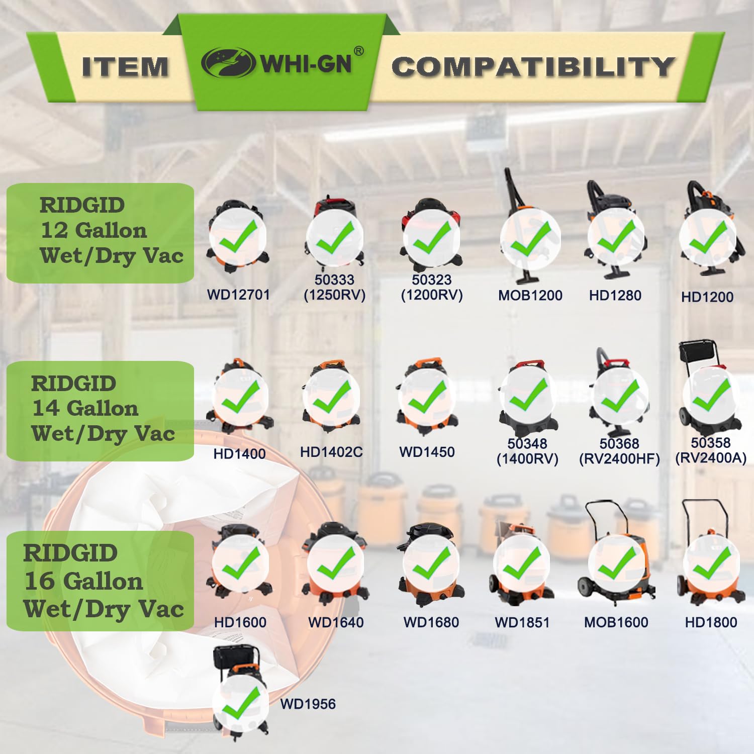 WHI-GN compatible with RIDGID 14-gallon models for drywall dust