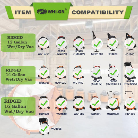 WHI-GN compatible with RIDGID 14-gallon models for drywall dust