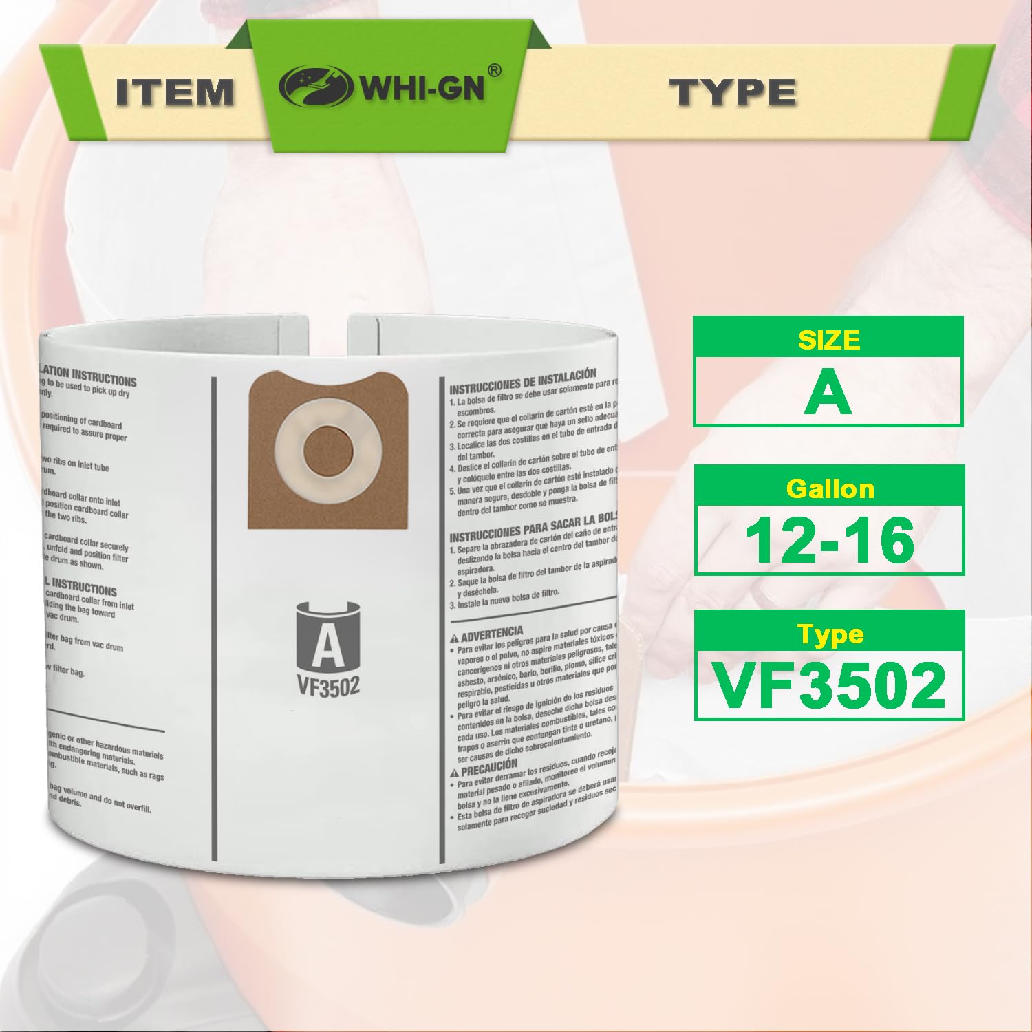 WHI-GN two-layer polypropylene filter bags capture fine dust and debris