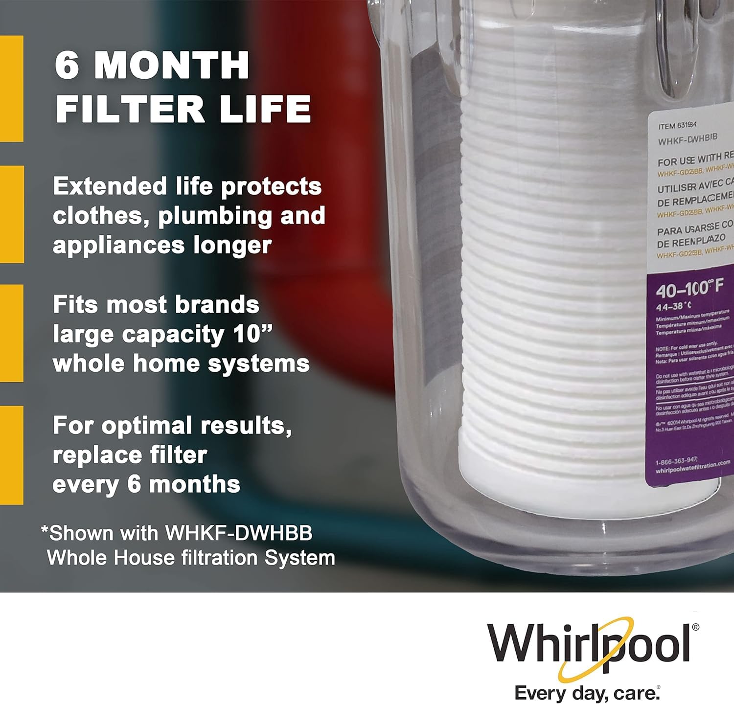 Whirlpool filter label close-up communicates NSF-certified safety and materials standards.