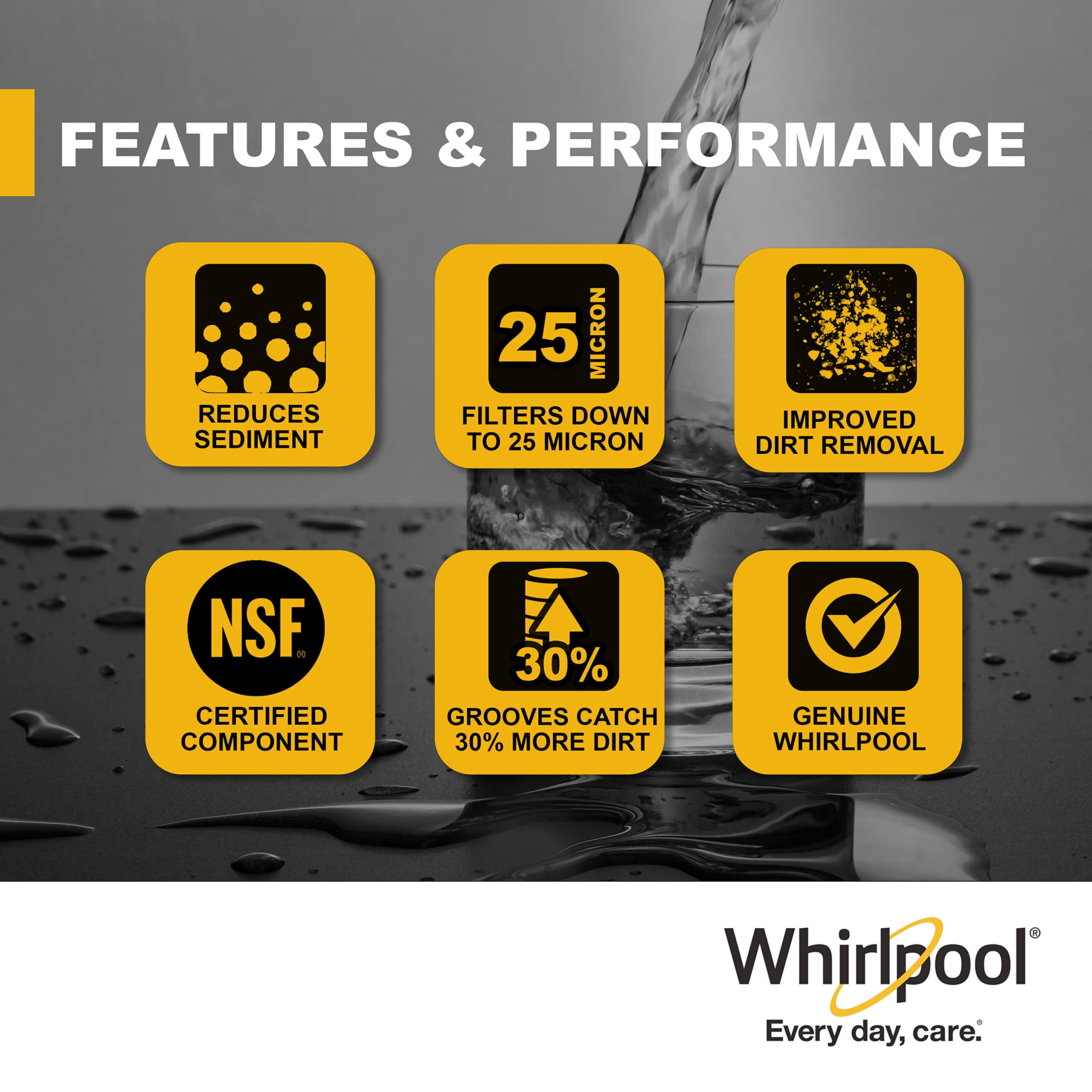 Whirlpool filter grooved surface highlights higher sediment holding capacity for cleaner water