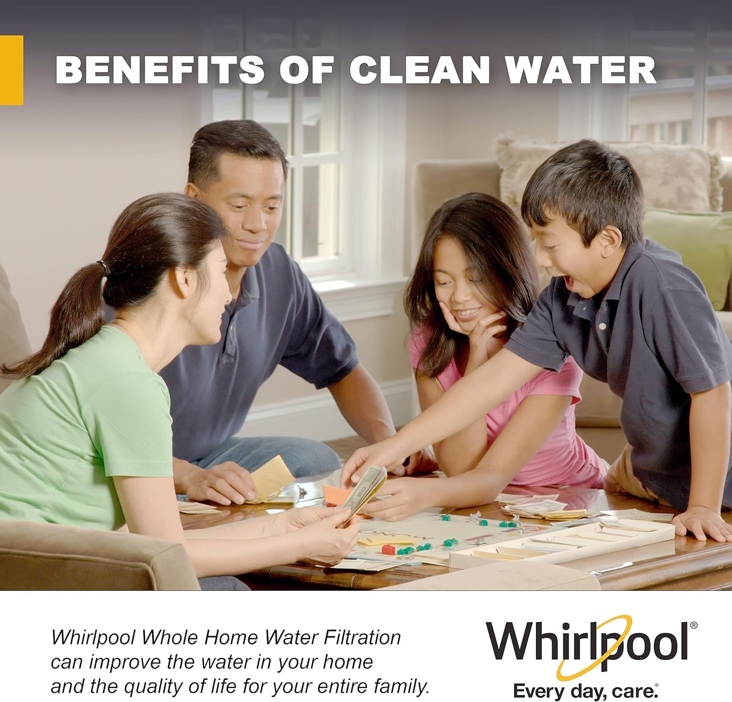 Whirlpool sediment filter on shelf suggesting long-life replacement cadence.