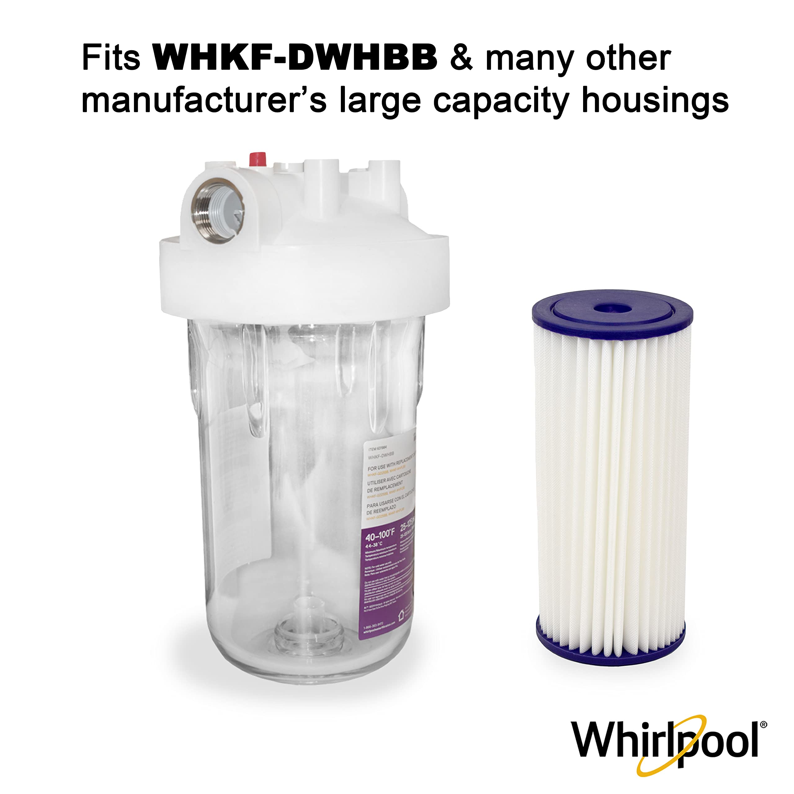 Whirlpool WHKF-WHPLBB filter cross-section shows pleated polypropylene for efficient filtration.