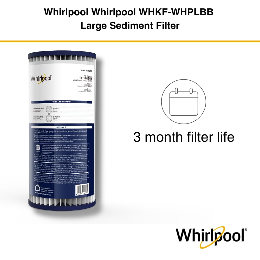 Whirlpool WHKF-WHPLBB in-use filter reduces sediment before faucets.