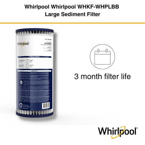 Whirlpool WHKF-WHPLBB in-use filter reduces sediment before faucets.