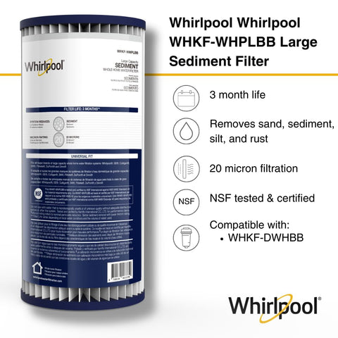 Whirlpool WHKF-WHPLBB filter packaging highlighted for easy whole-house installation.