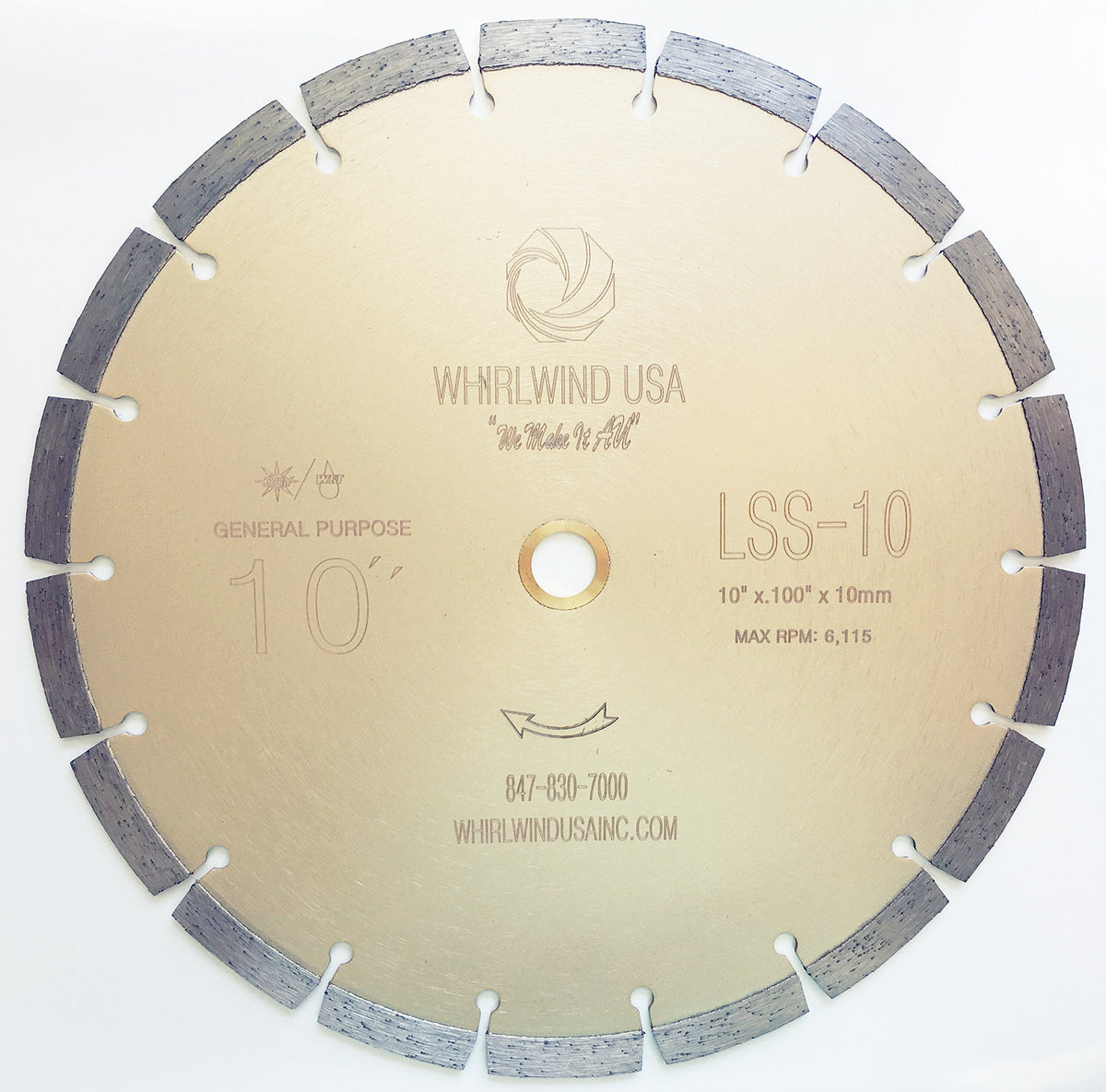 Whirlwind USA LSS 10 diamond blade concrete-cutting tooth-detail for smooth dry or wet cuts.