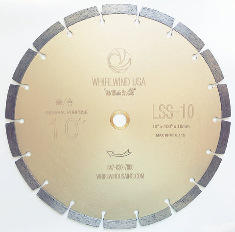 Whirlwind USA LSS 10 diamond blade concrete-cutting tooth-detail for smooth dry or wet cuts.
