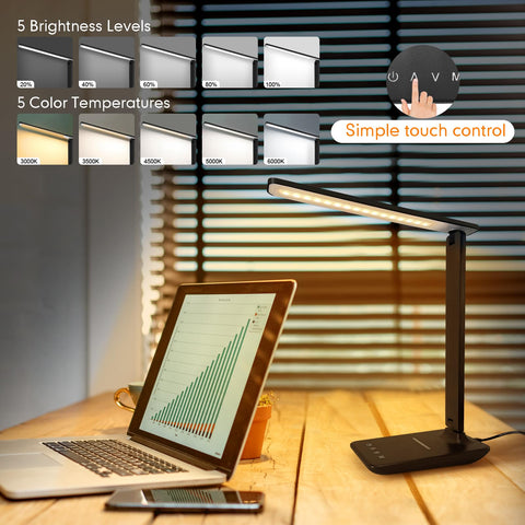 White Crown desk lamp displaying five lighting modes for tasks