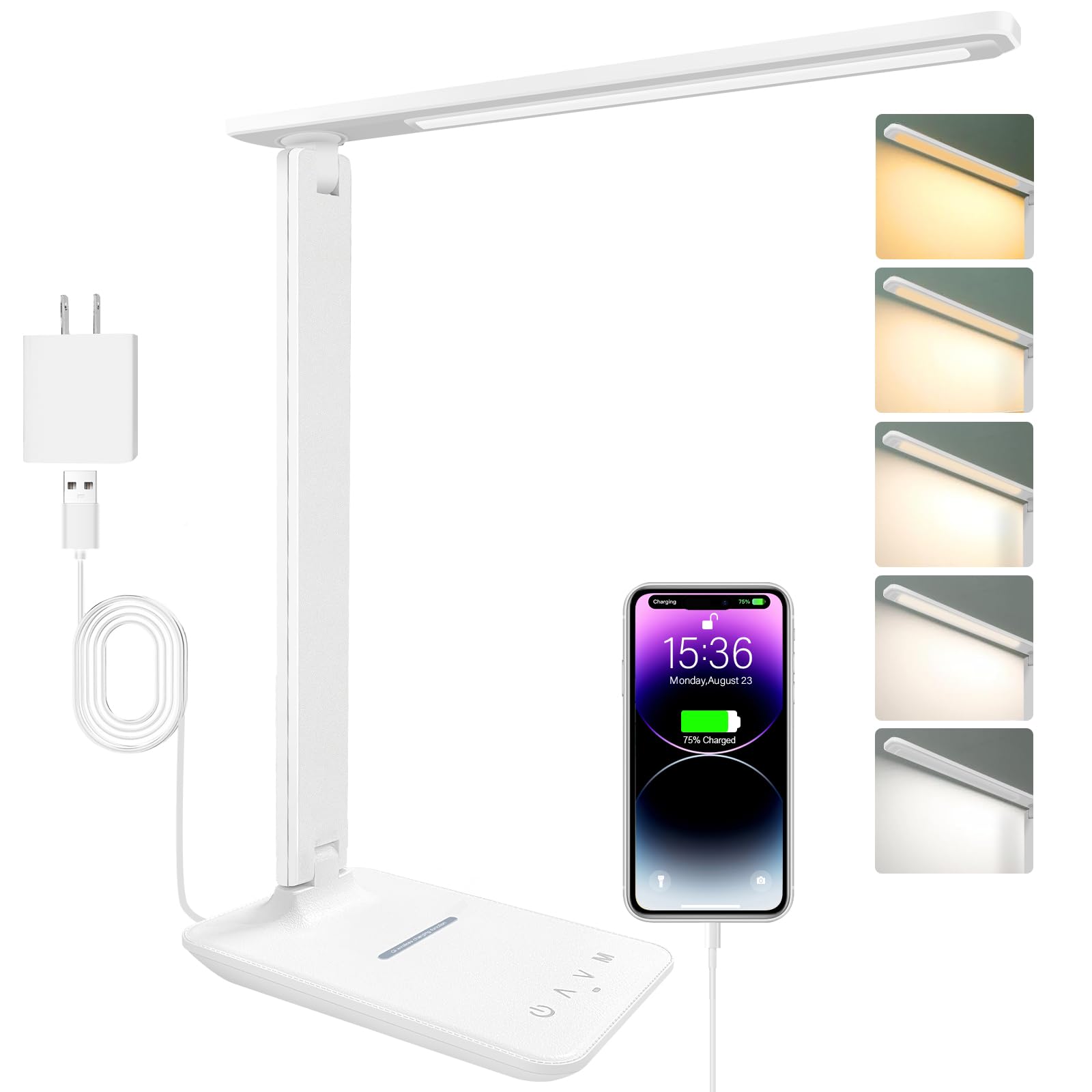 White Crown LED Desk Lamp front view with wireless charger for convenient charging.